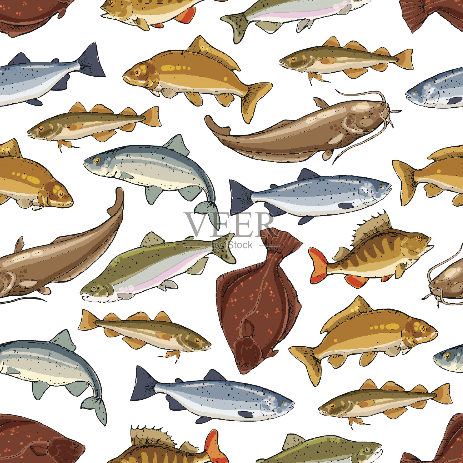 矢量鱼图案的海洋无缝海洋鱼插画图片素材