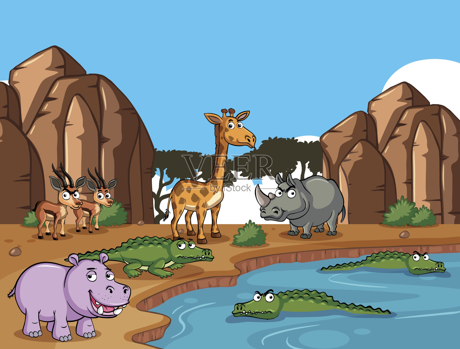 池塘边有许多野生动物插画图片素材