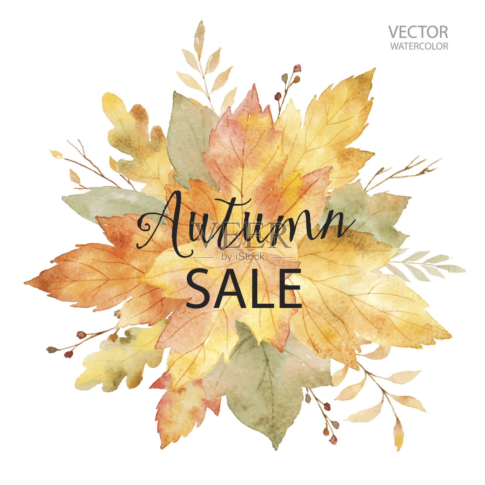水彩矢量横幅秋季销售孤立在白色的背景。设计元素图片