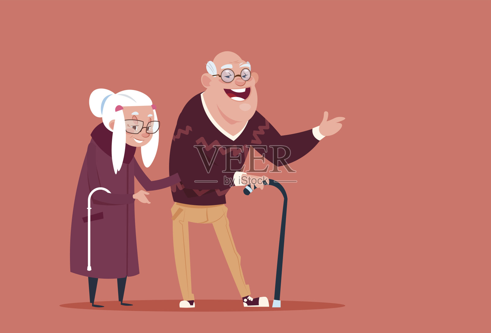 一对老年夫妇用手杖走路现代祖父和祖母全长插画图片素材