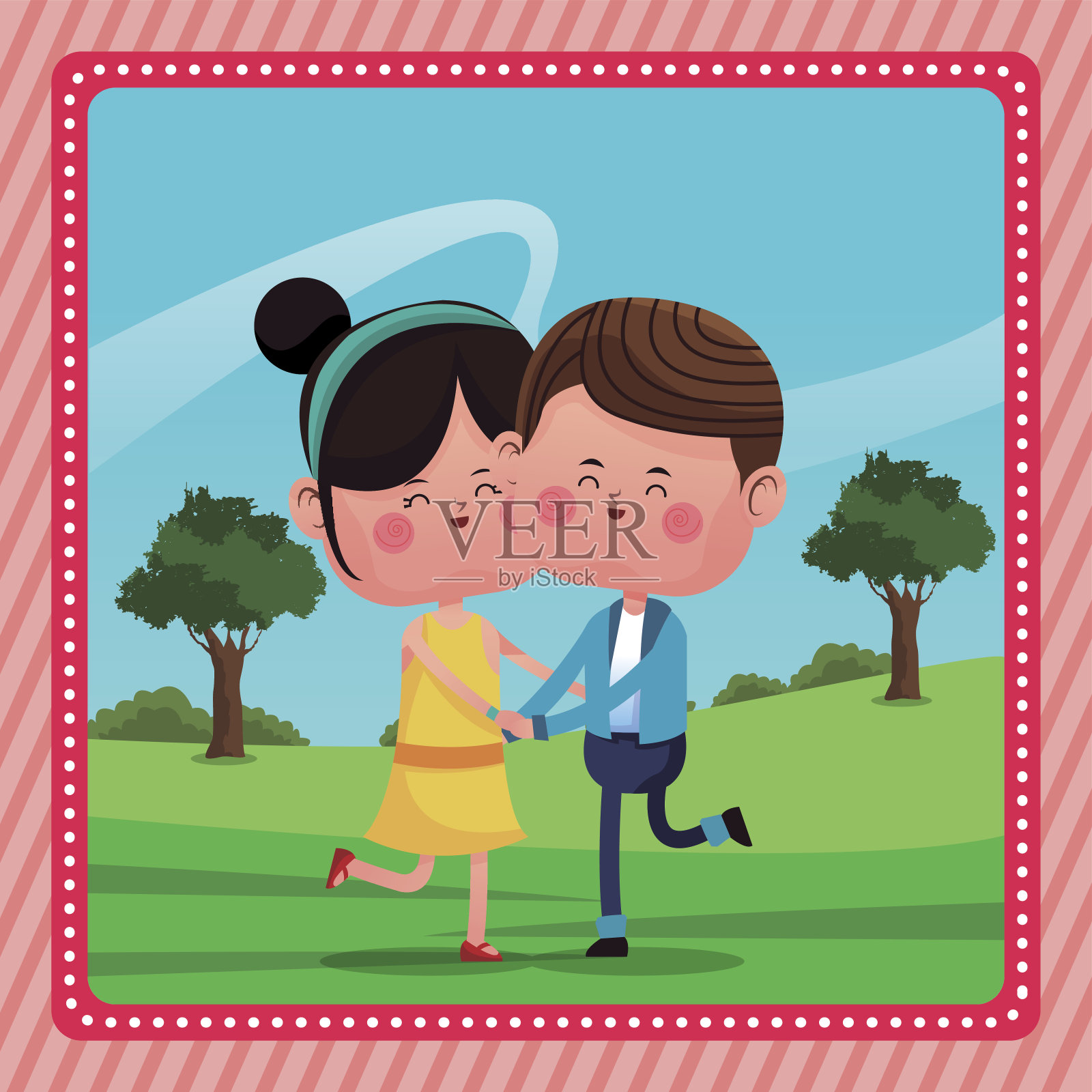 幸福可爱的情侣情人节田园风光插画图片素材