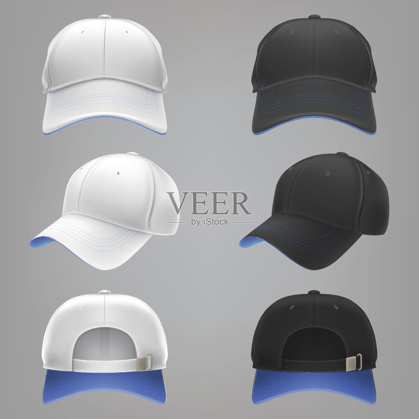 矢量现实插图的白色和黑色纺织品棒球帽的正面，背面和侧视图设计元素图片