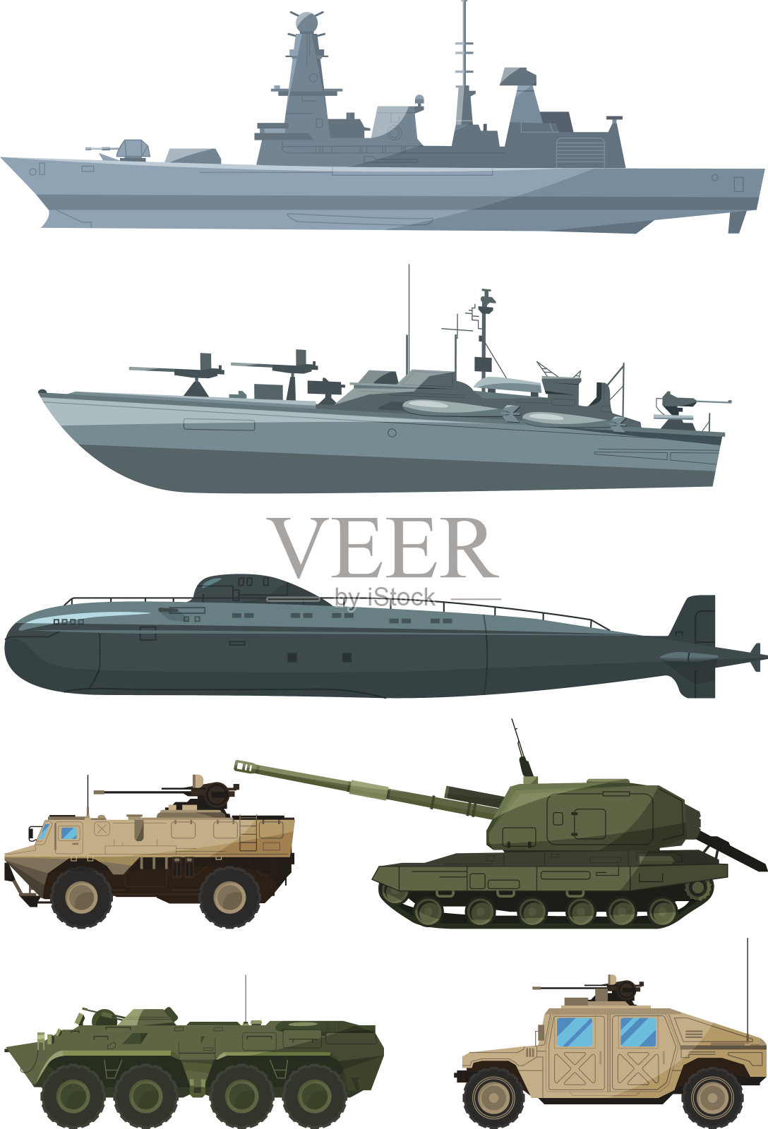 陆军的战舰和装甲车。军事交通支持插画图片素材