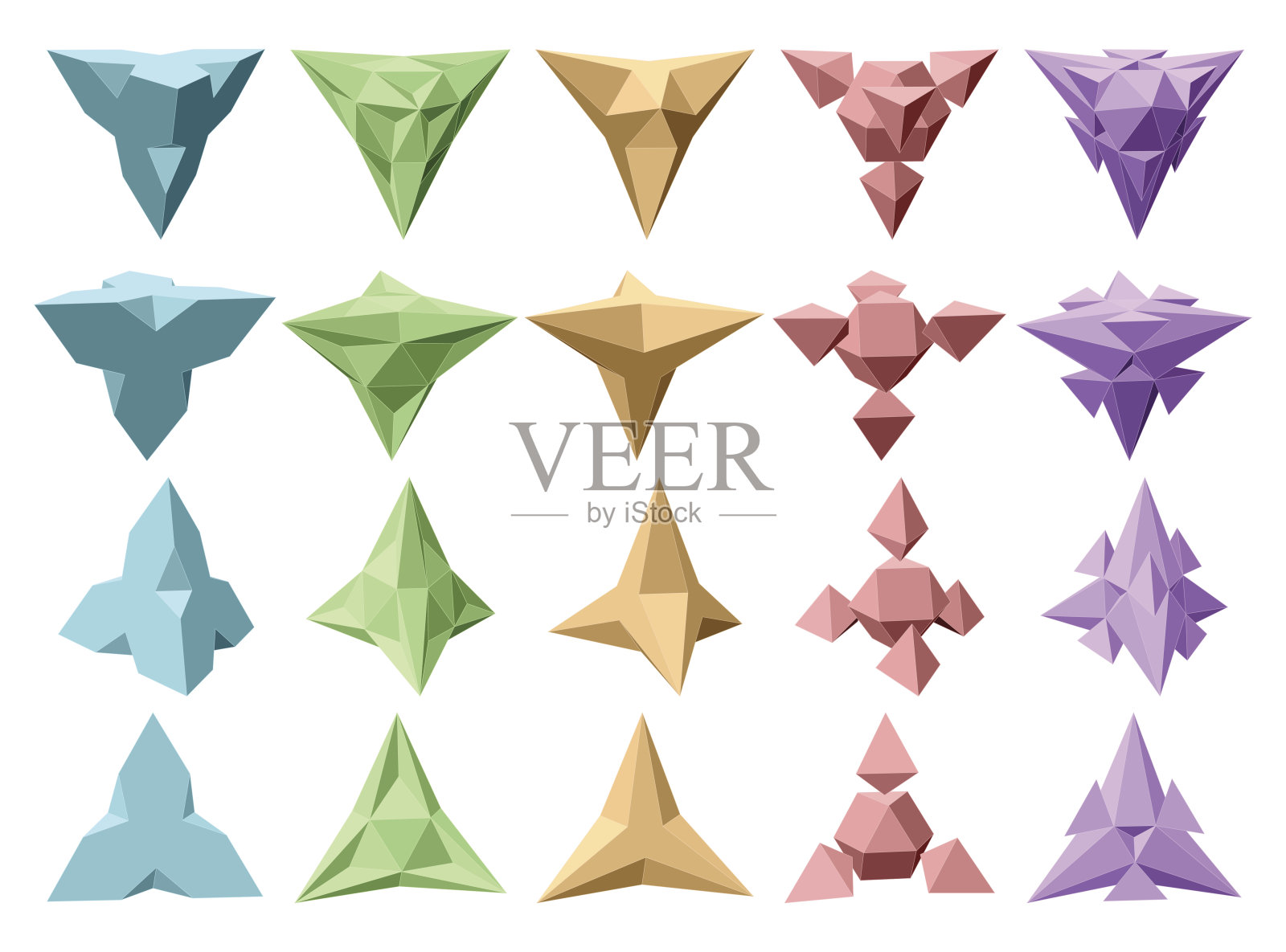 基于四面体的矢量复杂几何形状集。五种形状。四种透视图类型插画图片素材