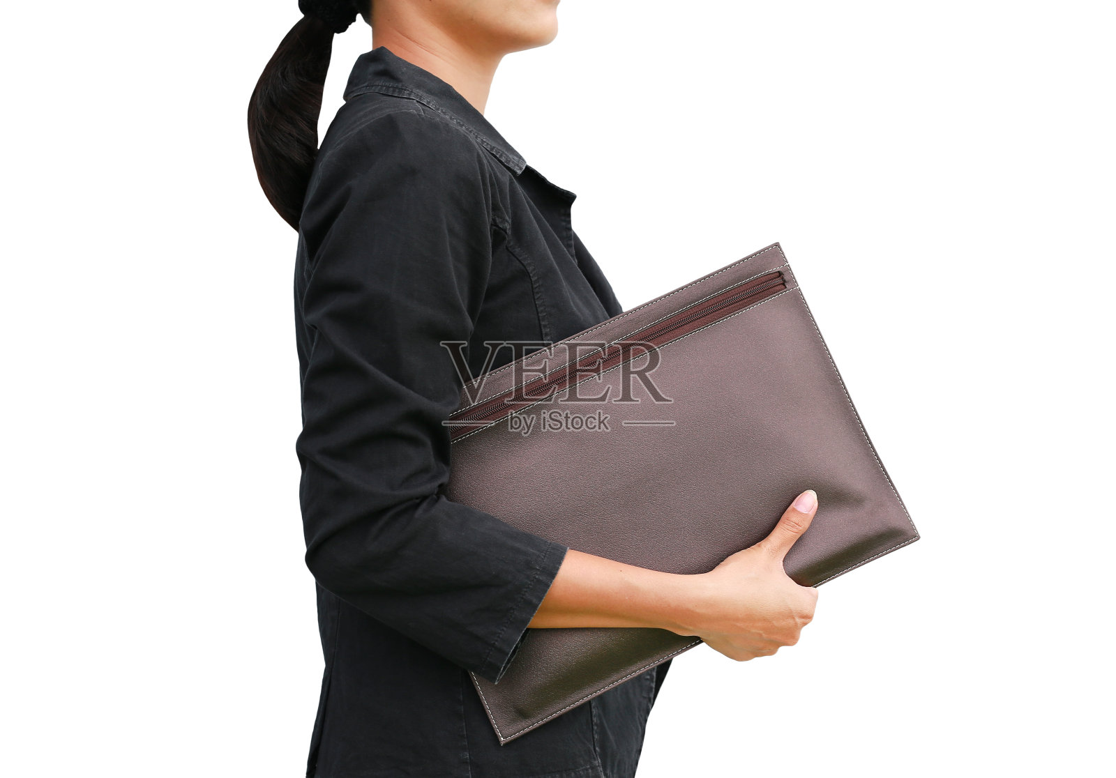 商务女性与皮包孤立在白色背景。照片摄影图片
