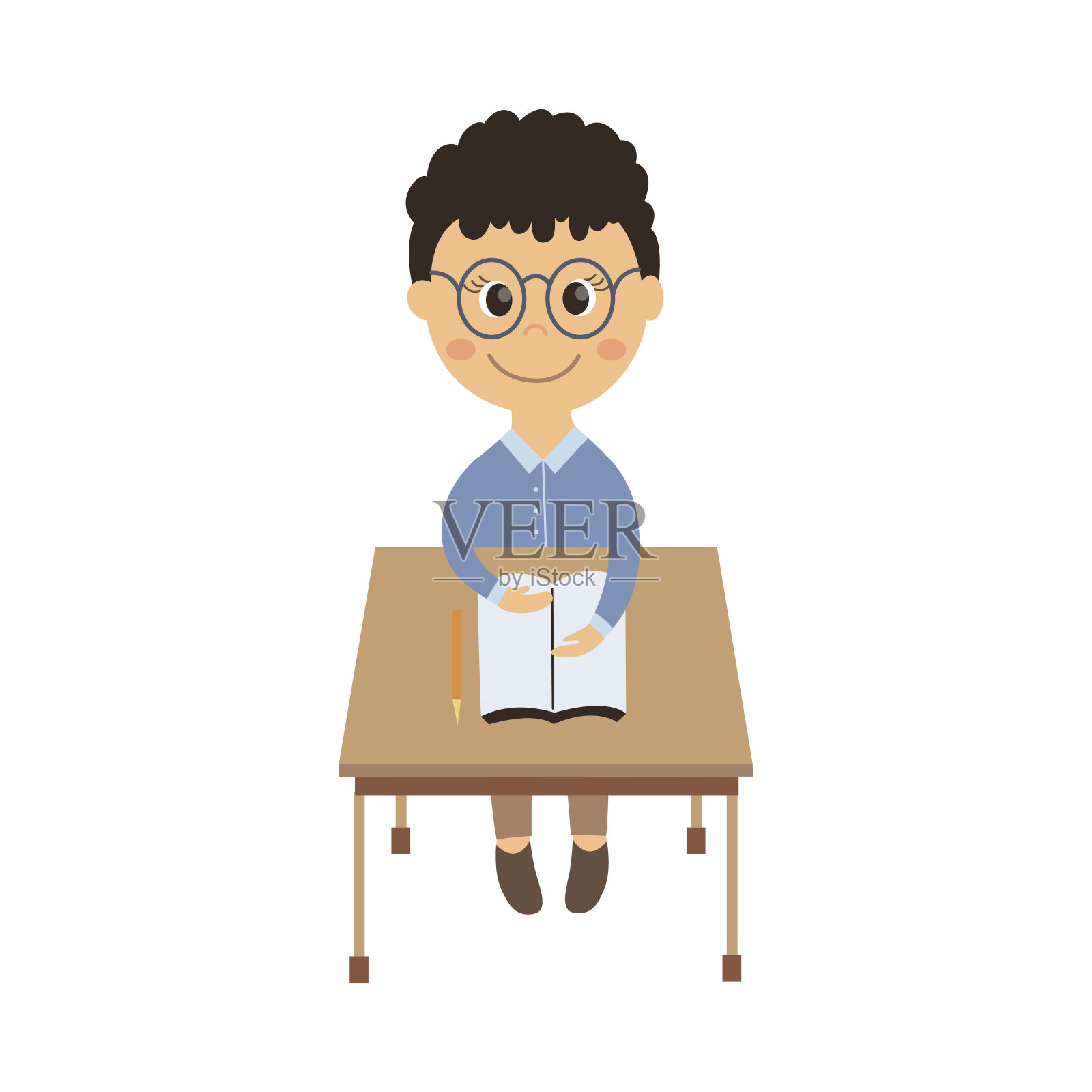 矢量平的男生孤立地坐在书桌前插画图片素材