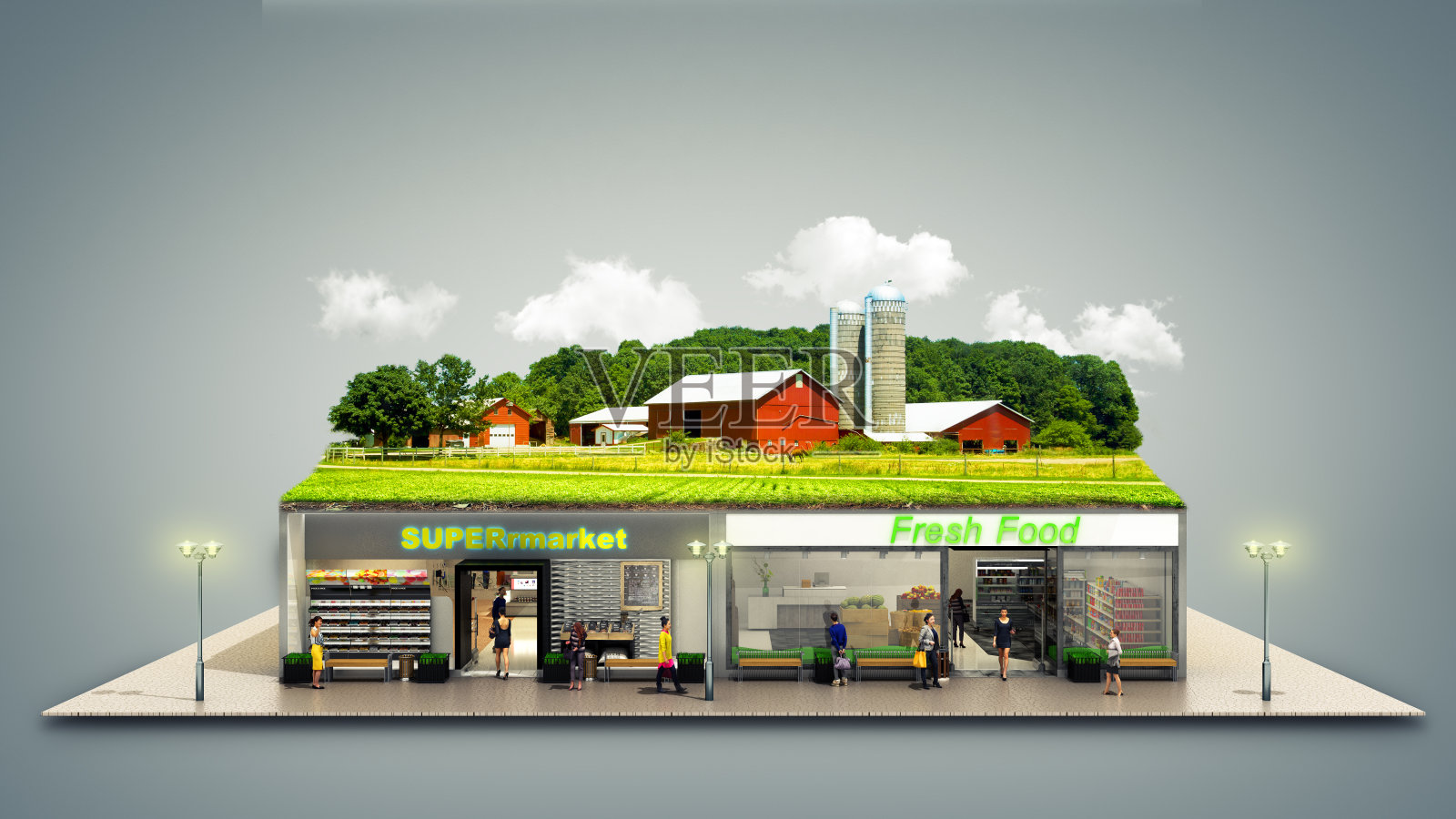 生态纯净食品的概念展示了杂货店超市，屋顶上有一个白色3d渲染的农场照片摄影图片