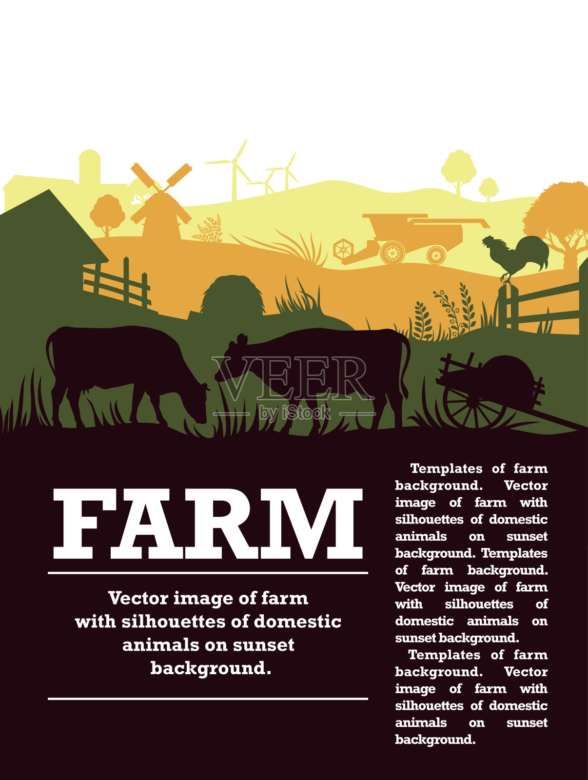 矢量插图与奶牛，鸡和树的剪影农场。农业模板插画图片素材