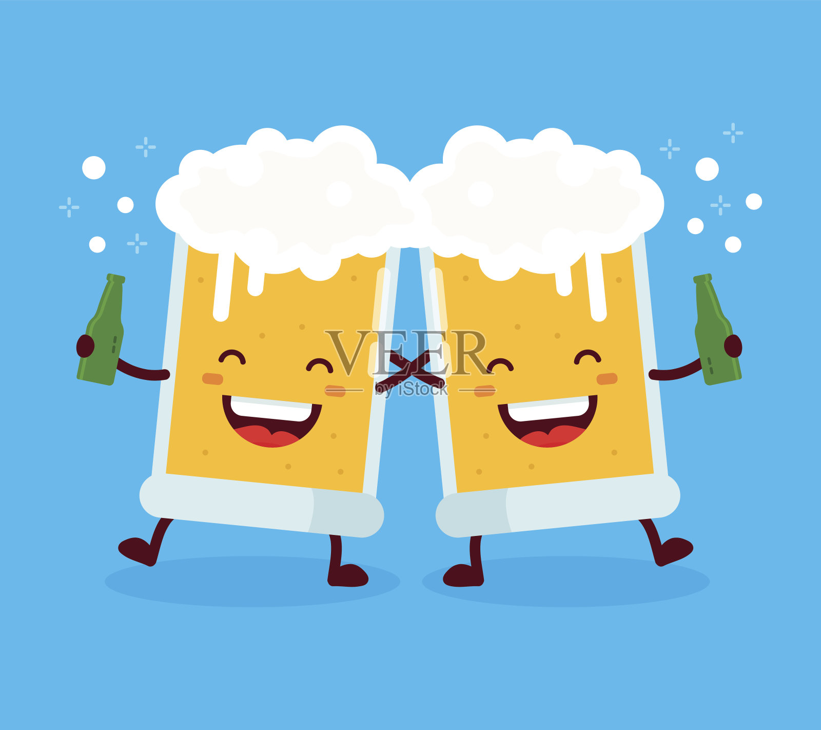 两个可爱的跳舞的有趣的朋友喝啤酒杯插画图片素材