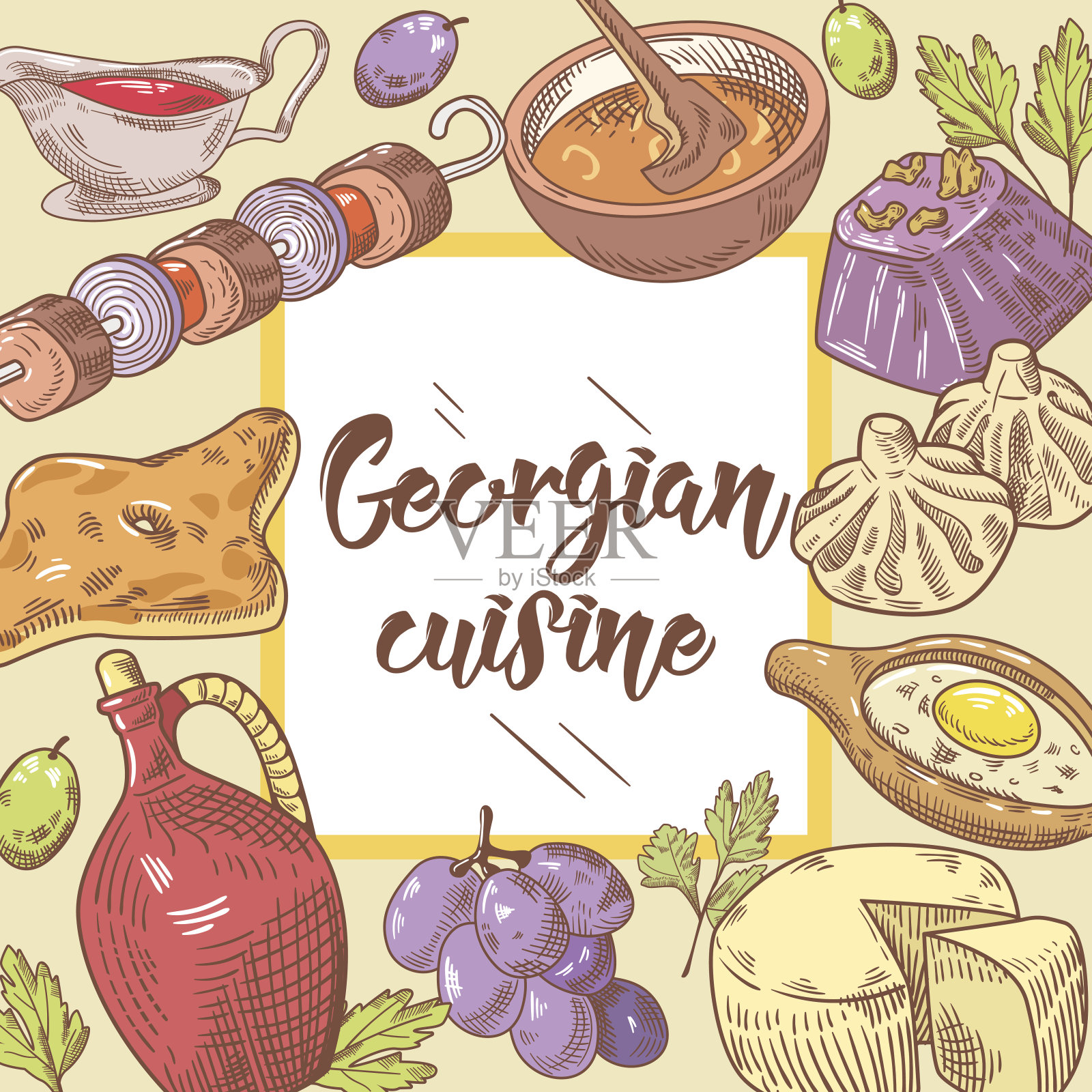 手绘格鲁吉亚食物菜单。乔治亚州菜插画图片素材