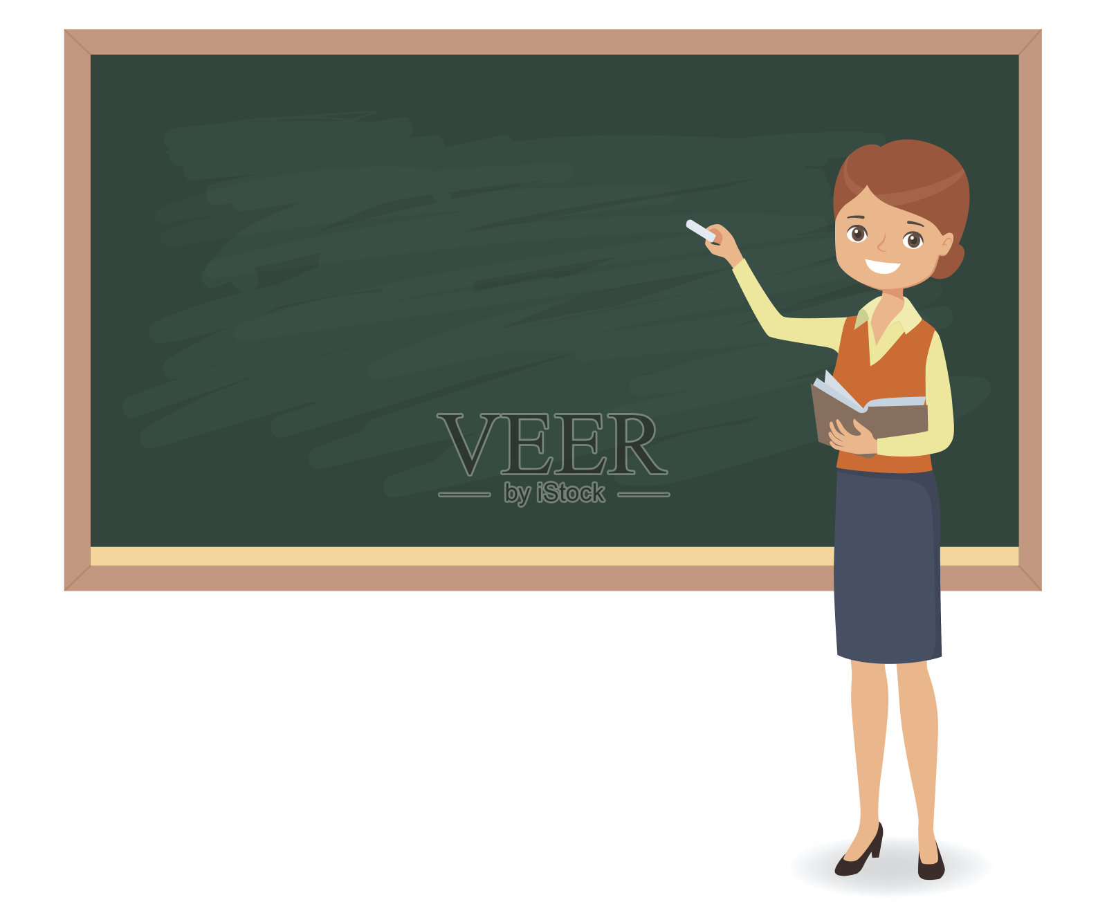 年轻的女教师正在学校的黑板上用粉笔写字插画图片素材
