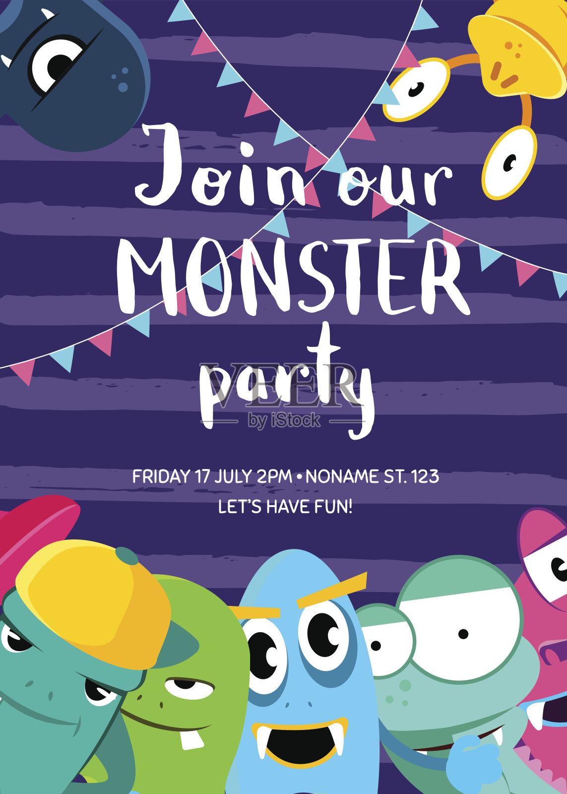 矢量怪物派对邀请海报与一群可爱的怪物和花环条纹背景插画图片素材