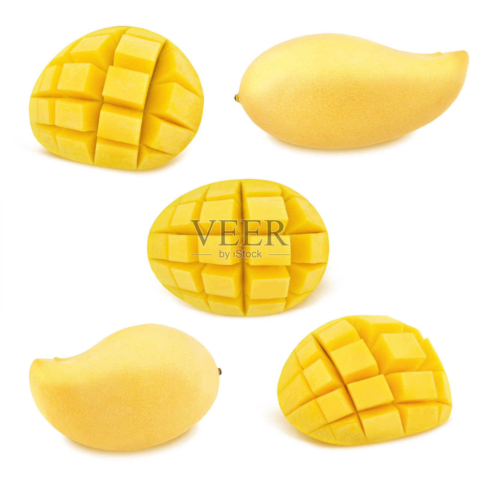 一组黄色的芒果孤立在一个白色。作为设计元素。照片摄影图片