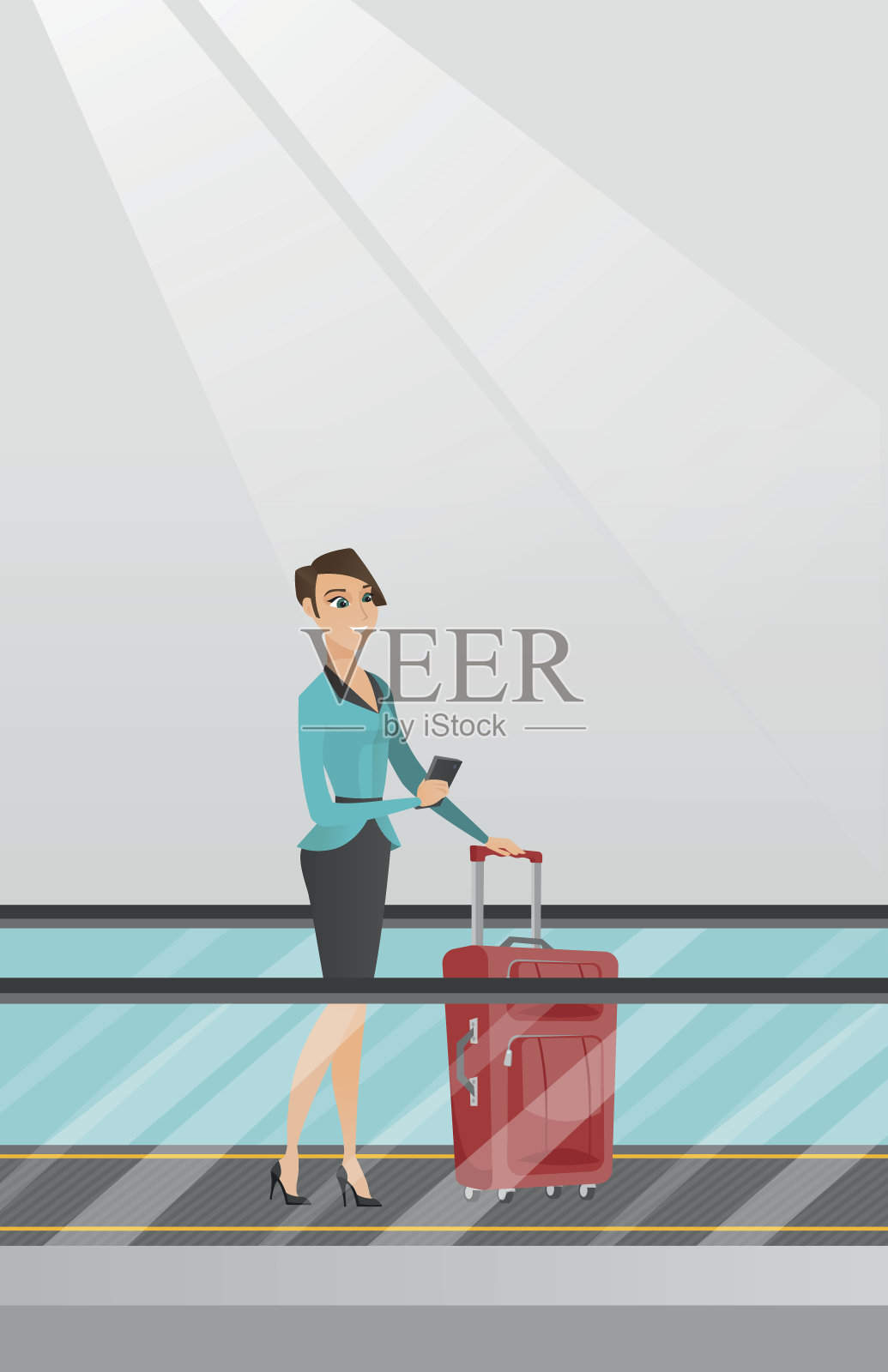 一名女子在机场的自动扶梯上使用智能手机插画图片素材