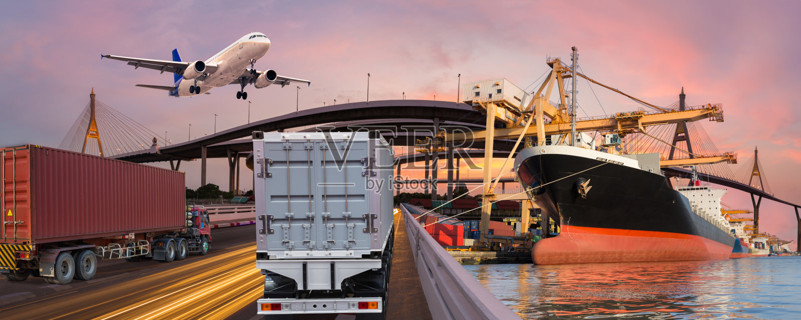 全景运输和物流概念以卡车、船、飞机为物流进出口背景照片摄影图片