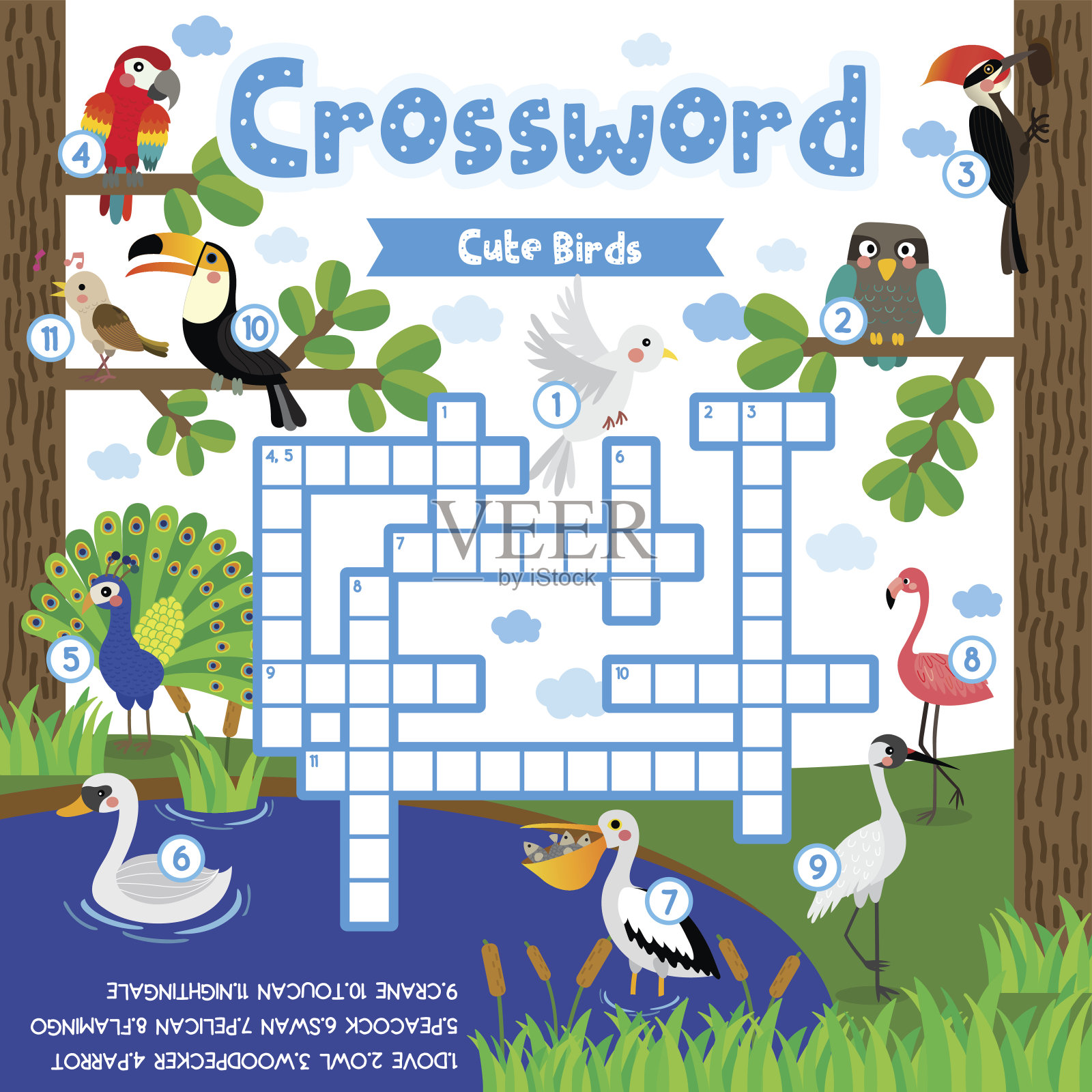 字谜益智游戏可爱的小鸟动物，适合学龄前儿童活动作业表彩色打印版。矢量插图。插画图片素材