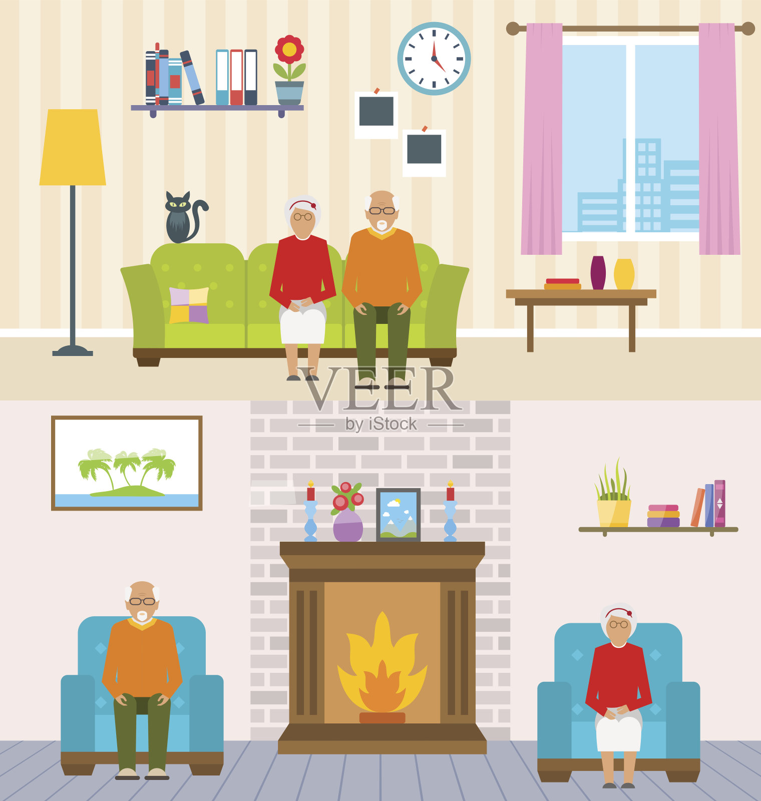老年人家庭室内背景。老年人物，家居家具，养老金插画图片素材