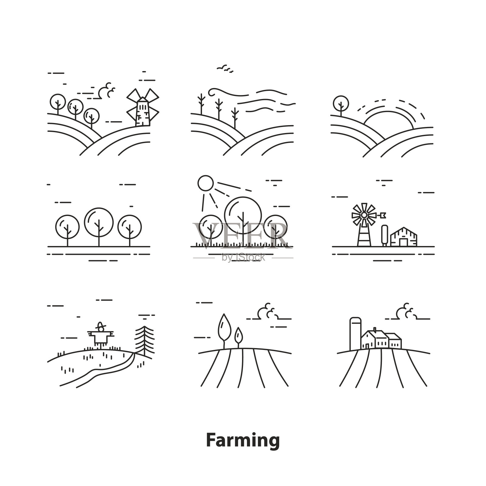 农场景观图标，细线风格-插图图标素材