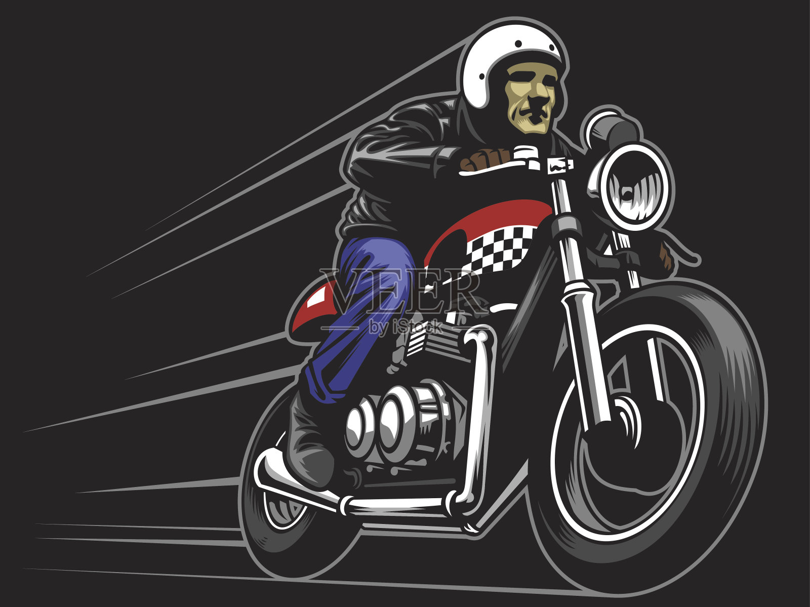 男人骑着一辆定制的老式摩托车插画图片素材