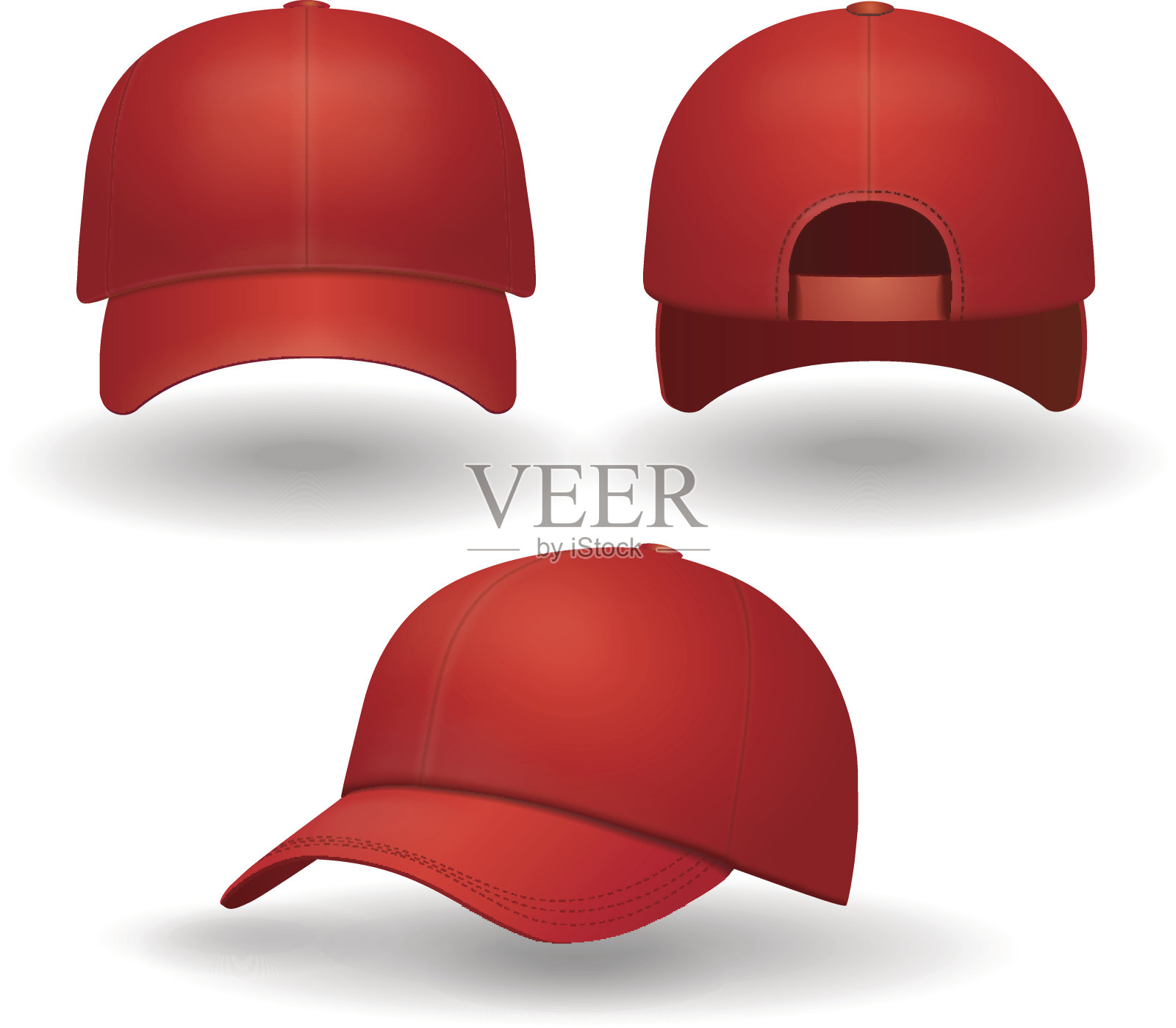 现实的红色棒球帽集。背面，正面和侧视图孤立的3d矢量插图设计元素图片
