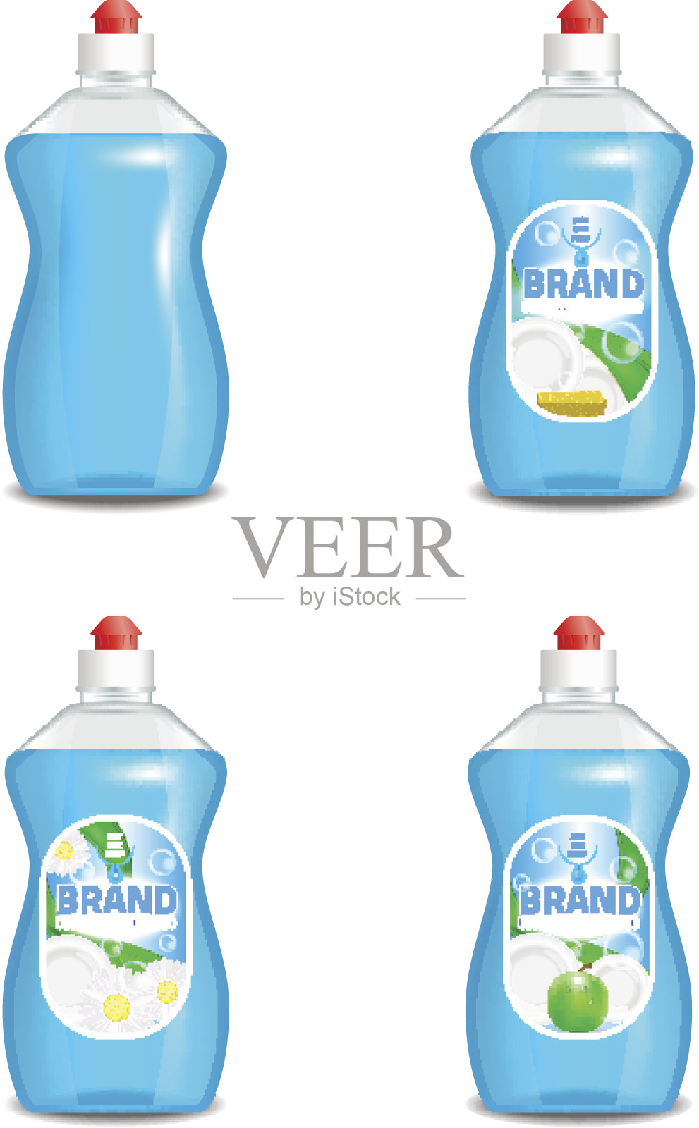 矢量集的现实的洗碗液产品图标孤立的背景。塑料瓶标签设计。洗洁精或洗碗皂品牌广告模板插画图片素材