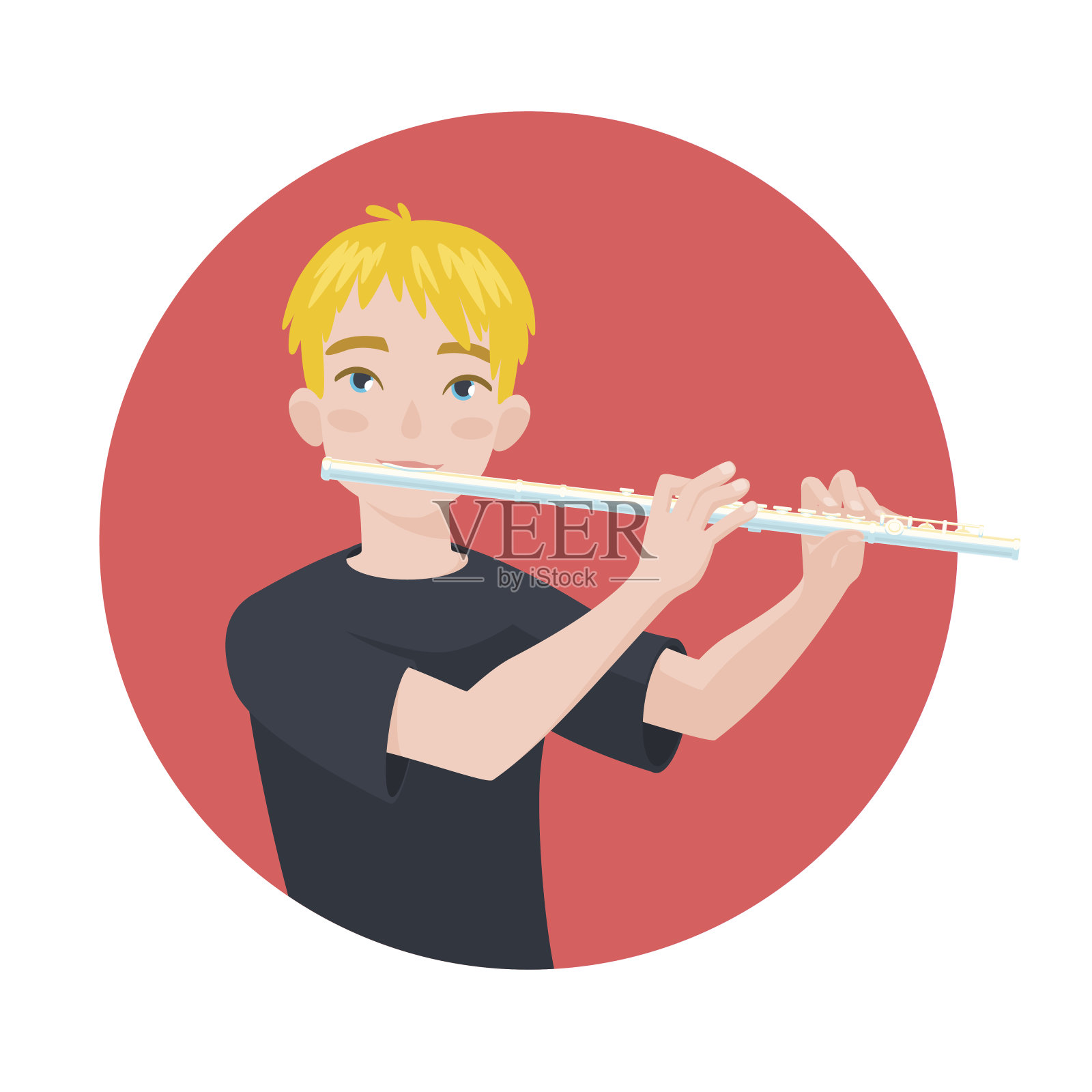 音乐家在演奏长笛。男孩长笛手的灵感是演奏古典乐器。向量。插画图片素材