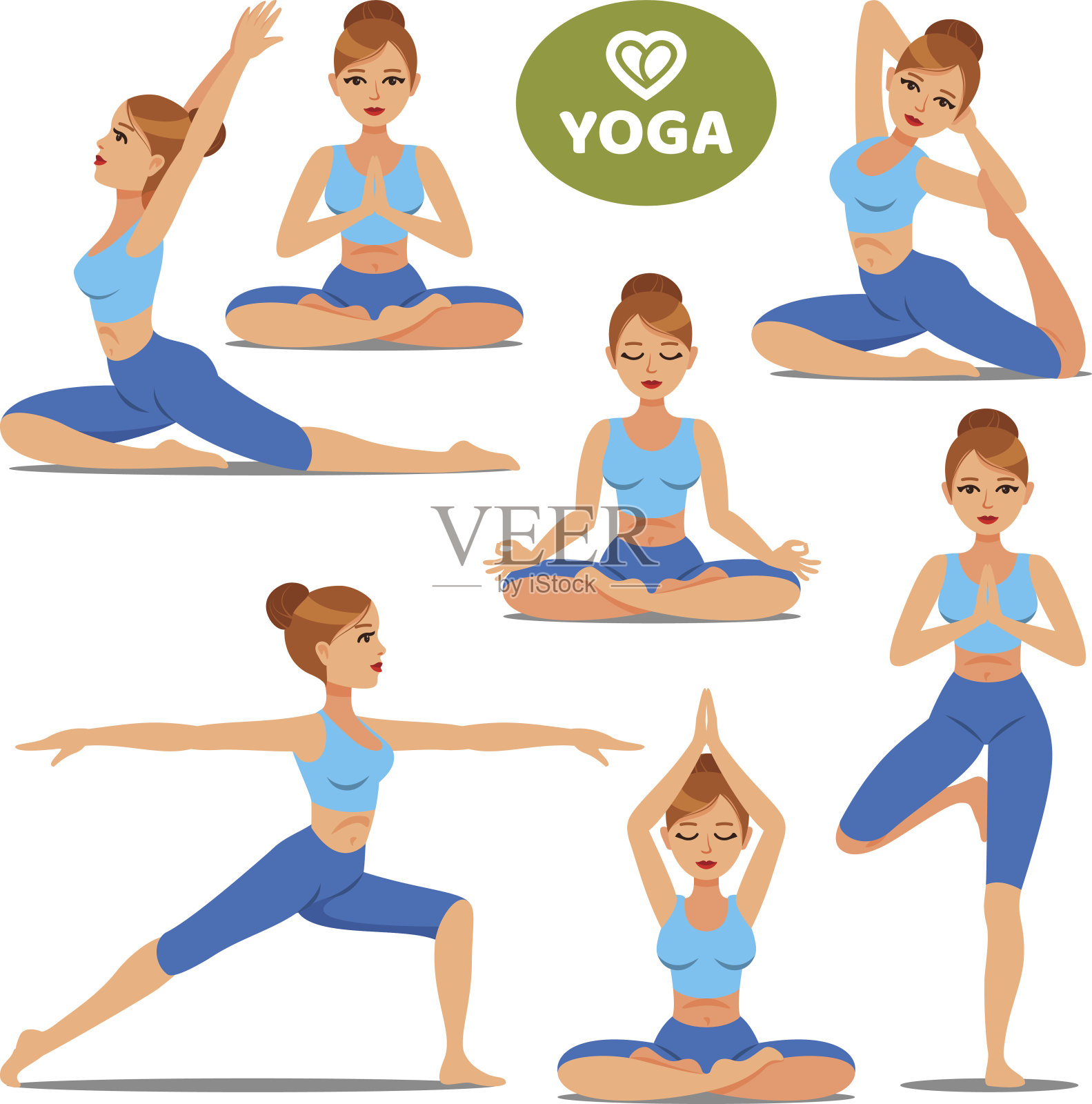 一组女孩在各种瑜伽姿势。女性瑜伽姿势训练。不同的运动。矢量插图。插画图片素材