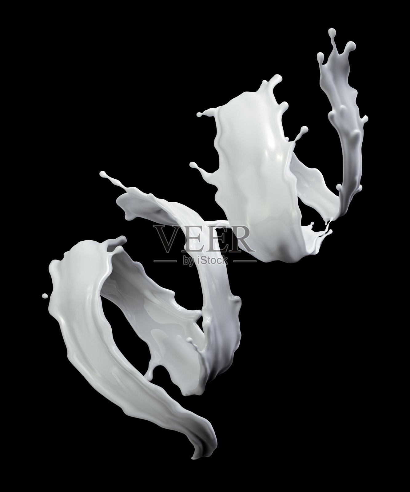 3d渲染，数字插图，牛奶，动态液体飞溅，白色波浪，孤立在黑色背景照片摄影图片
