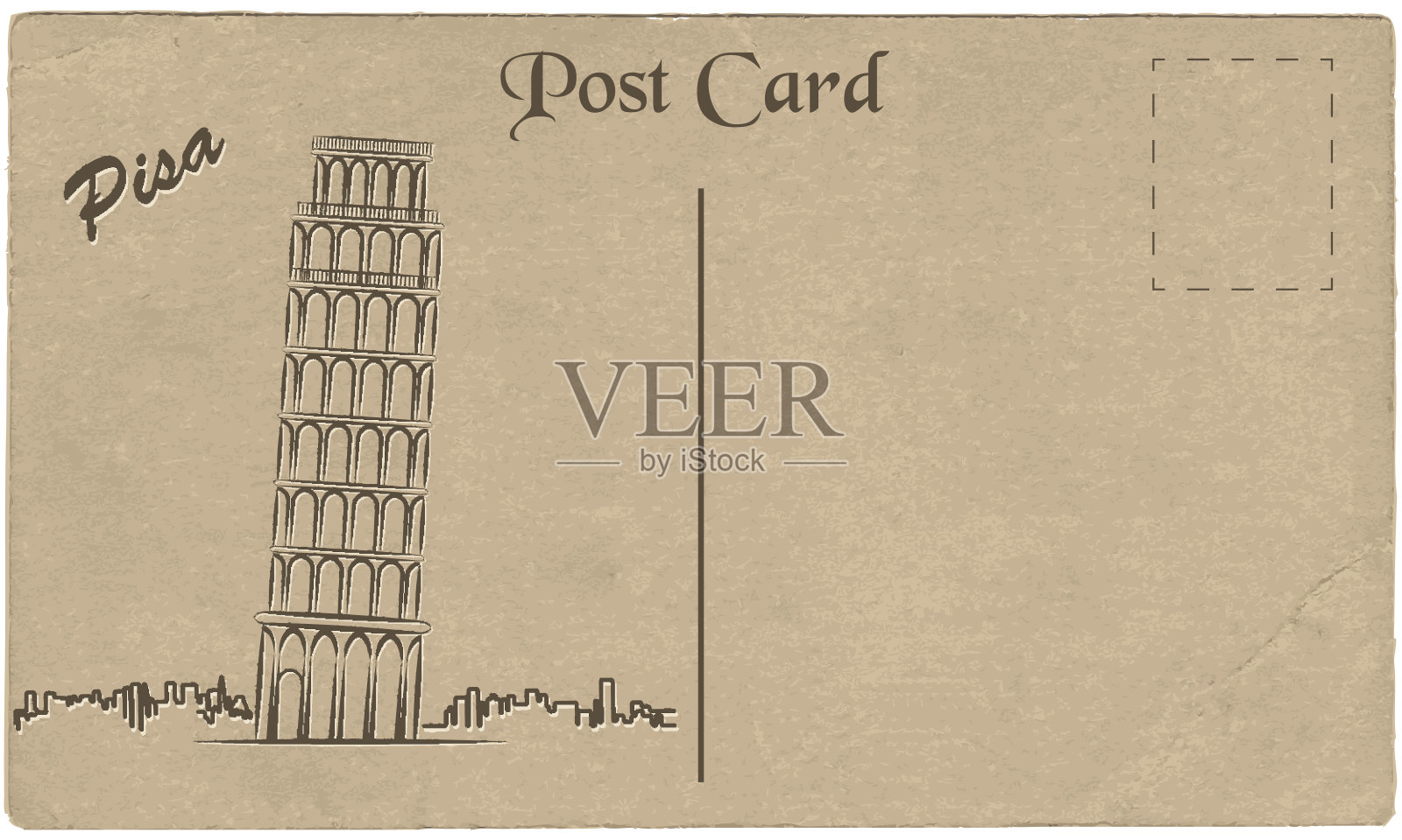 来自意大利的老明信片，上面画着比萨斜塔。格式化。插画图片素材