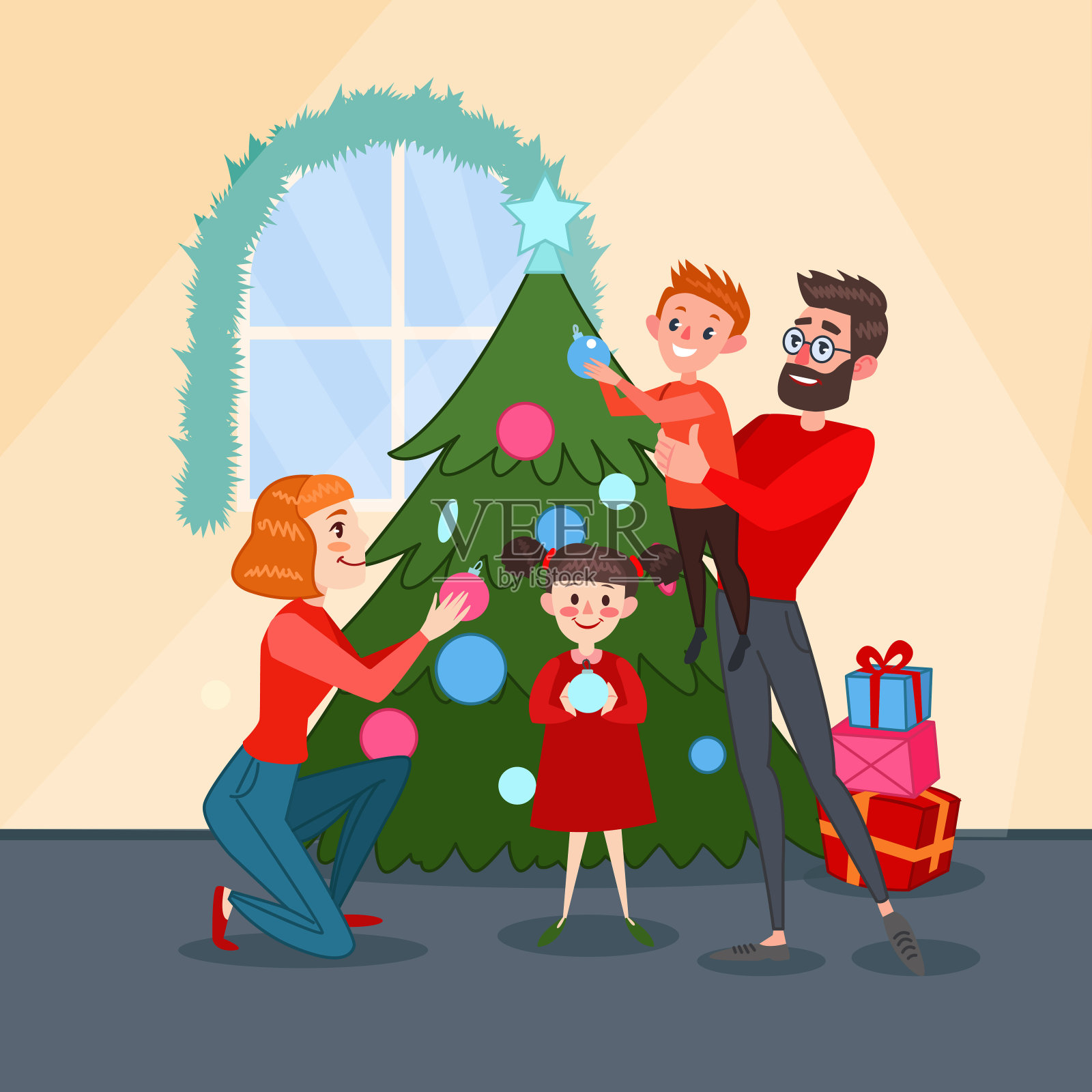 快乐家庭装饰圣诞冷杉树插画图片素材