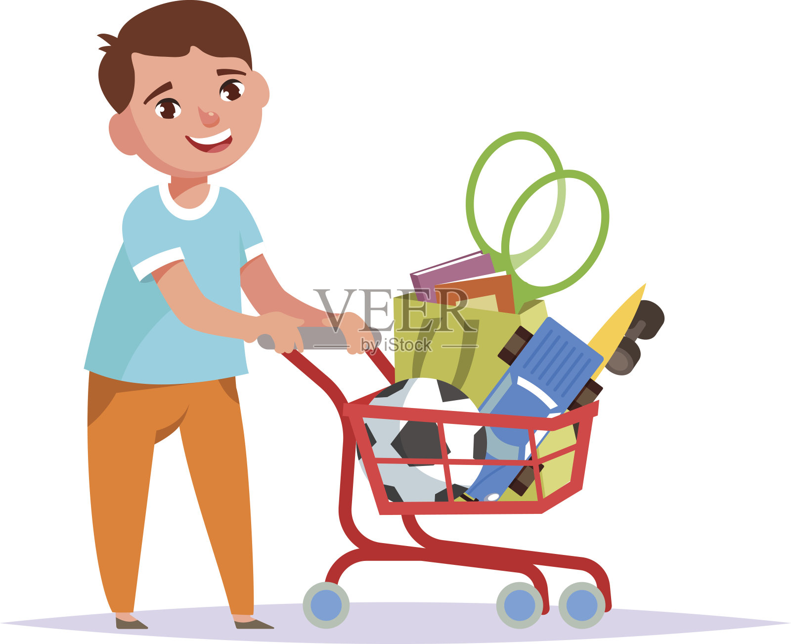 快乐的小男孩推着装满玩具的购物车插画图片素材