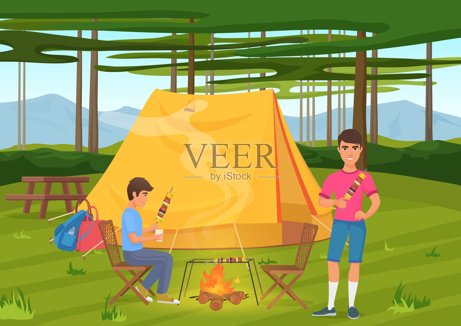 矢量插图的两个朋友烹饪烧烤烧烤和坐在露营帐篷附近。插画图片素材