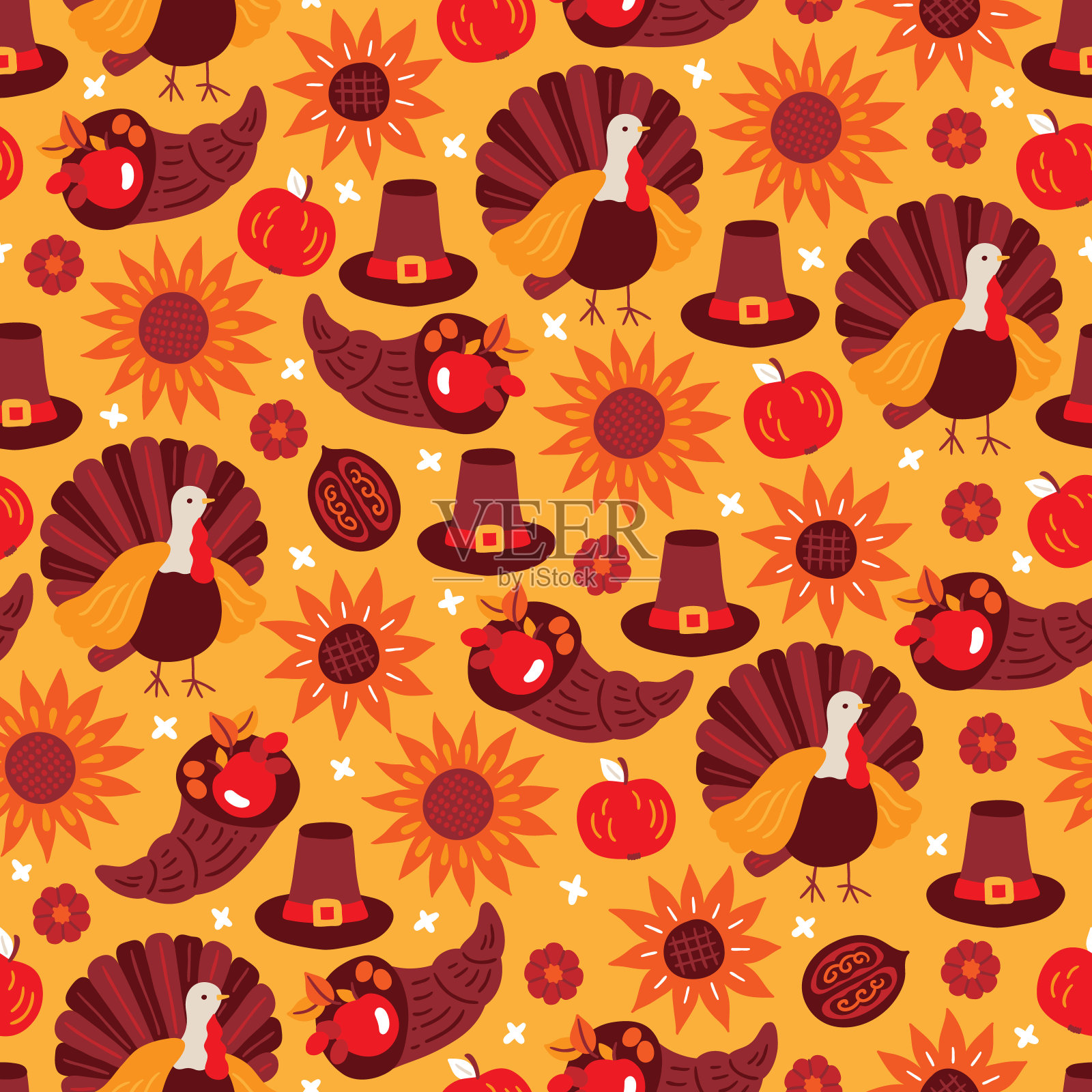 感恩节无缝图案有向日葵、火鸡、苹果、南瓜、帽子背景图片素材