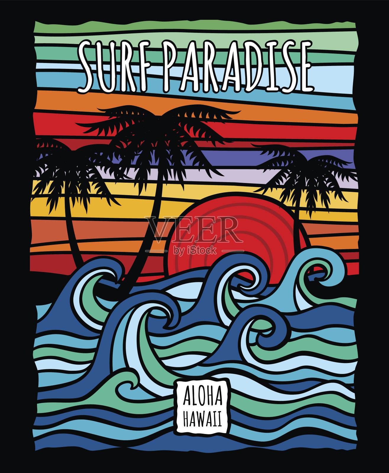 复古夏威夷阿罗哈冲浪图形与海浪和棕榈树矢量t恤设计插画图片素材