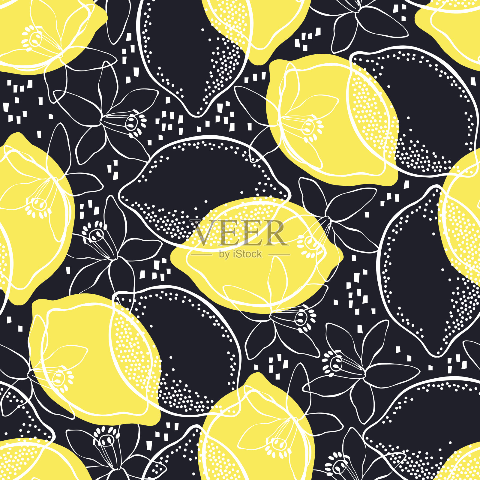 柠檬和开花。无缝矢量模式上的黑色背景。插画图片素材