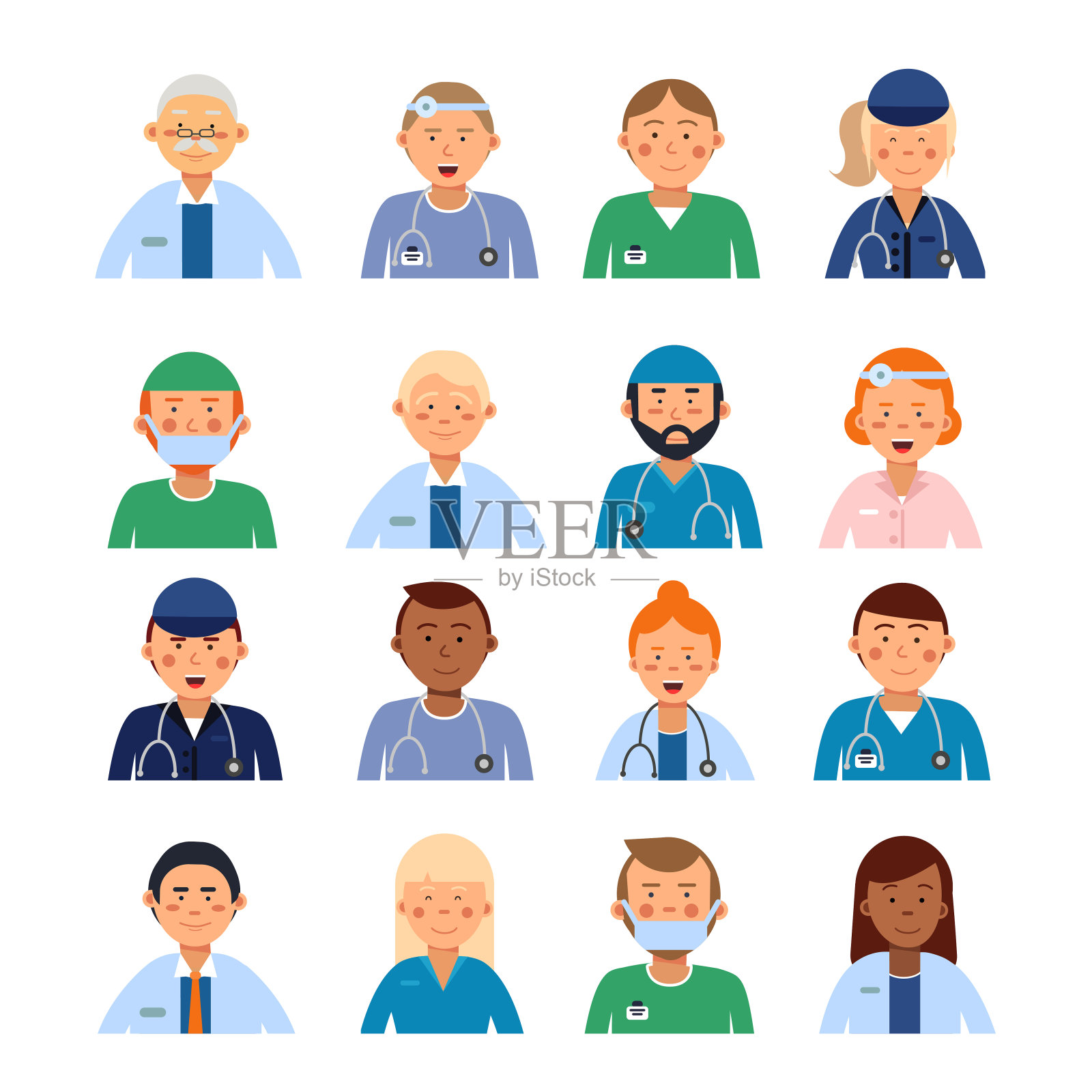 男女医学人物穿着不同的职业装。人们在医院的化身插画图片素材