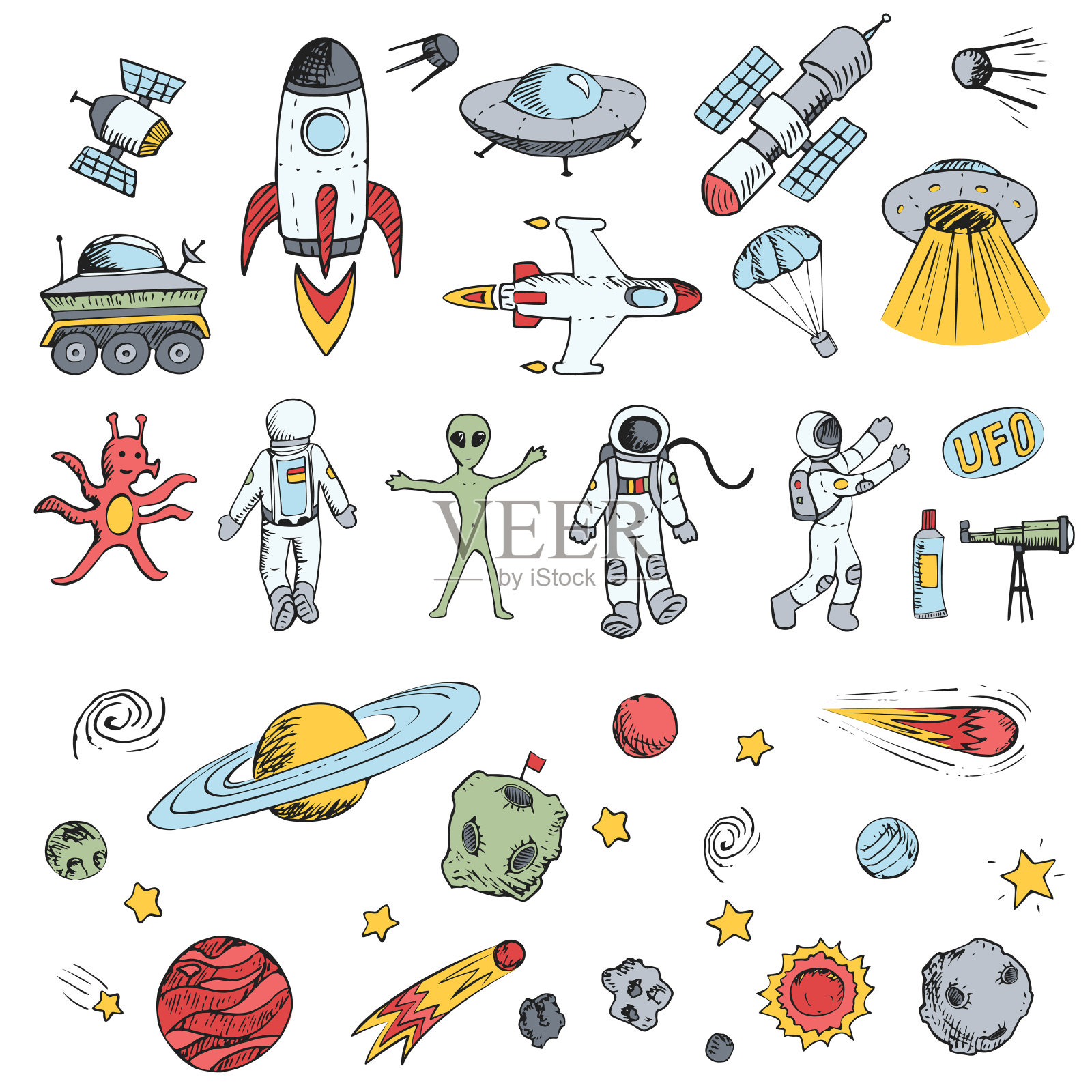 彩色矢量手绘涂鸦卡通设置空间对象。宇宙飞船、火箭、行星、飞碟、宇航员、星星、彗星、卫星、ufo等。设计元素图片