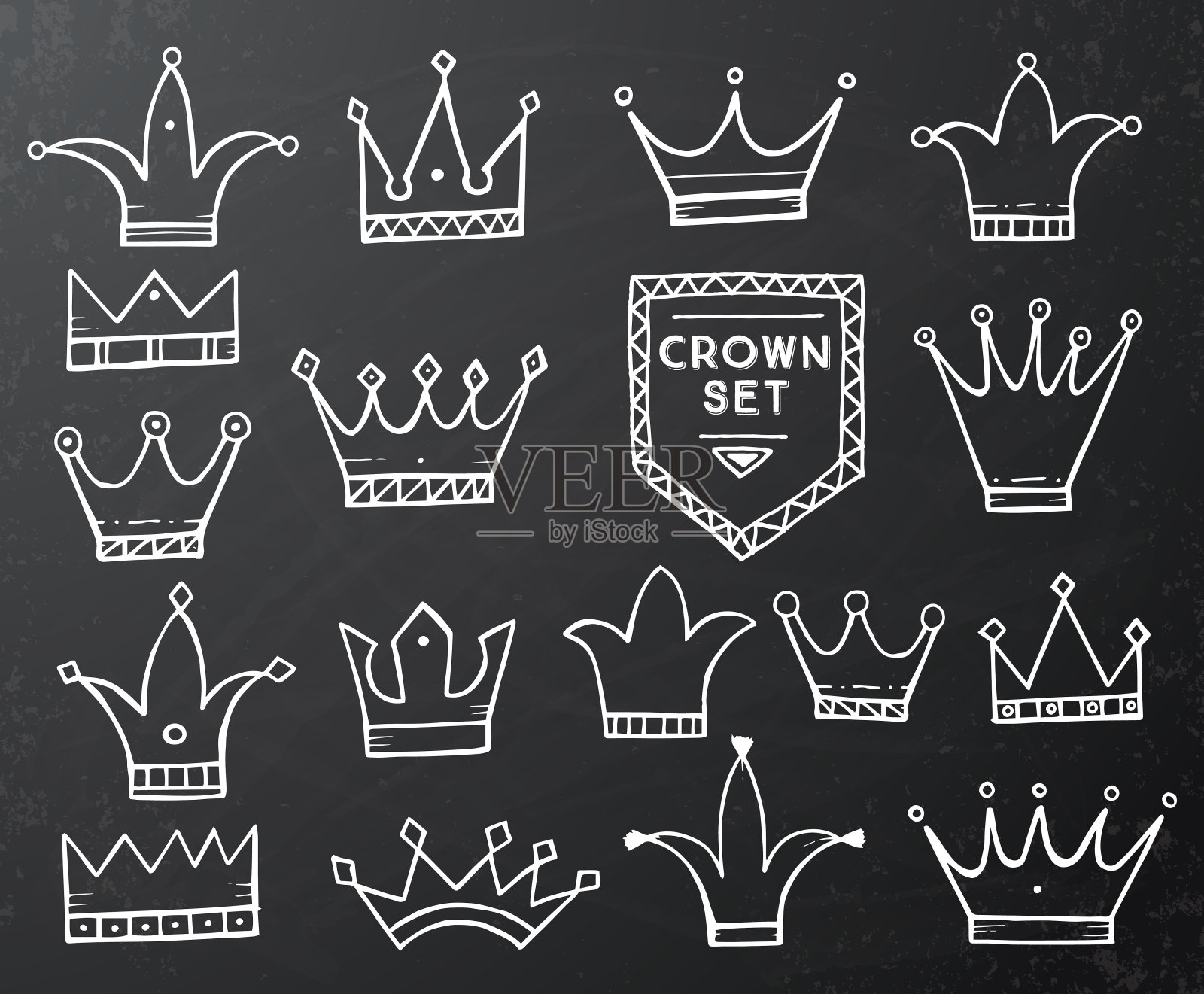 一套手绘卡通皇冠在黑色黑板上。插画图片素材