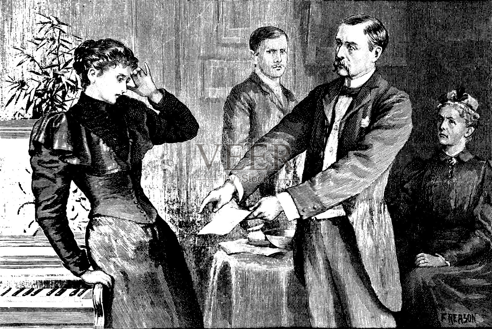 19世纪的故事插图描绘了一名男子向一名受惊的女子展示一封信;维多利亚时代的闹剧;艺术家弗洛伦斯·Reason 1893插画图片素材