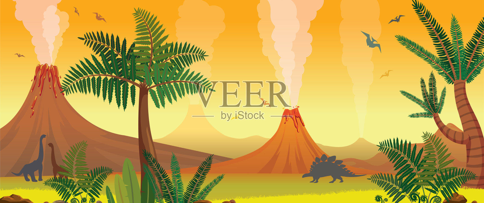 史前自然景观-火山，恐龙，蕨类。插画图片素材