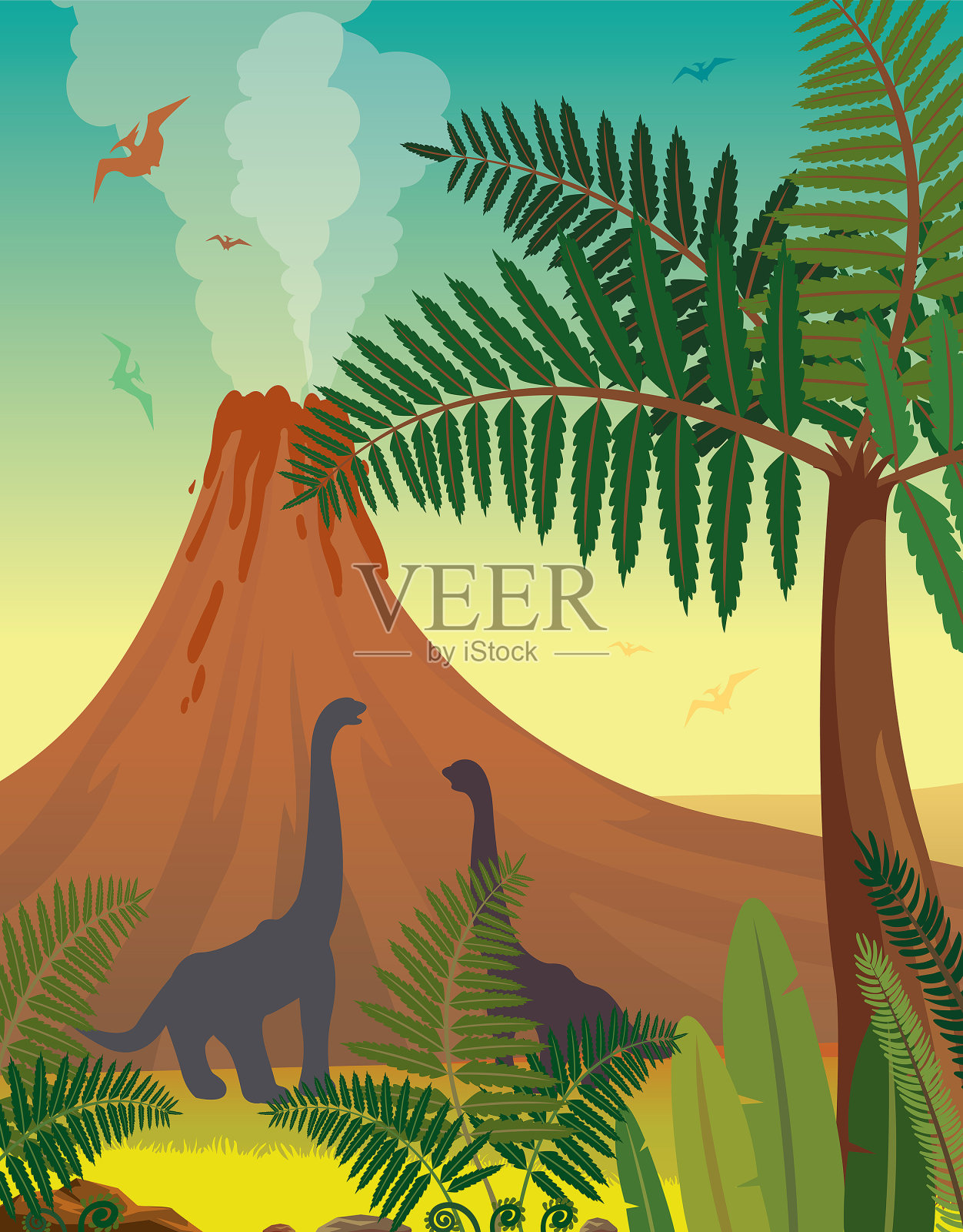 史前自然-火山，恐龙，植物插画图片素材