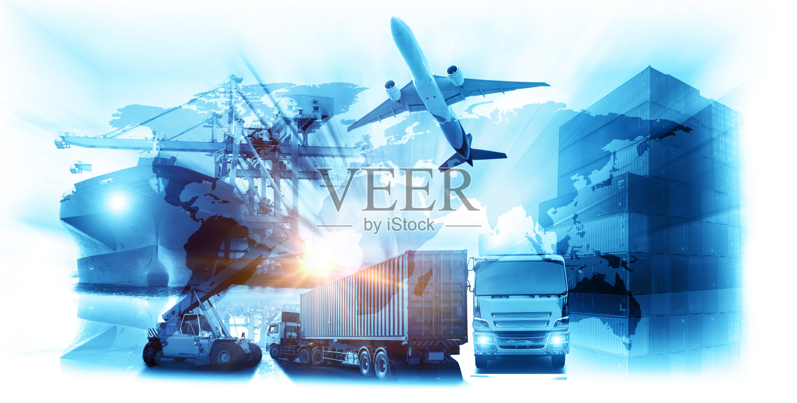 物流全球技术运输理念，集装箱货船和货运飞机照片摄影图片