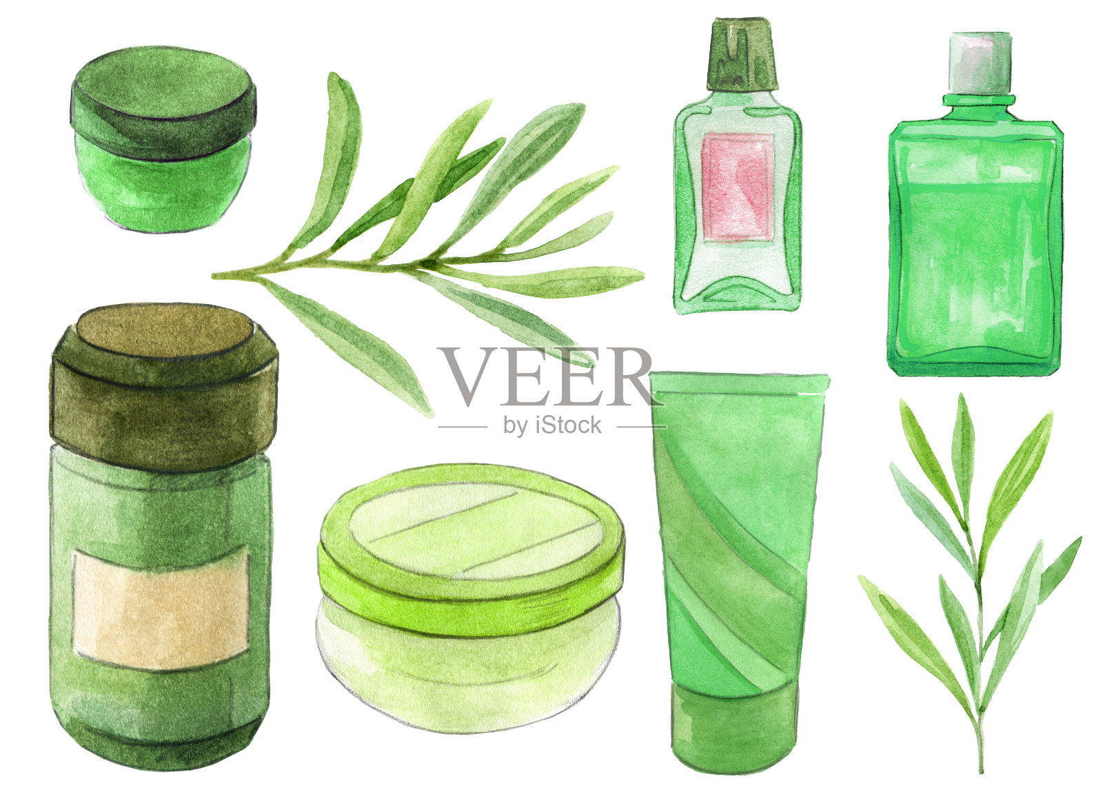 天然草药化妆品在不同的容器插画图片素材