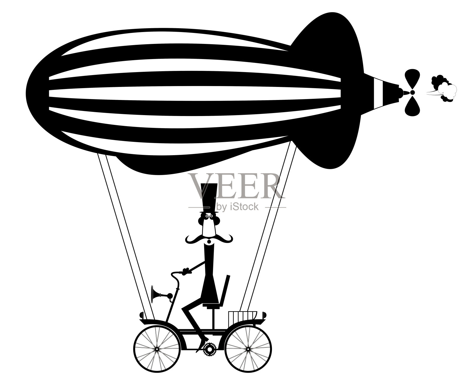 戴大礼帽的小胡子男人在飞艇上孤立地飞着插画图片素材