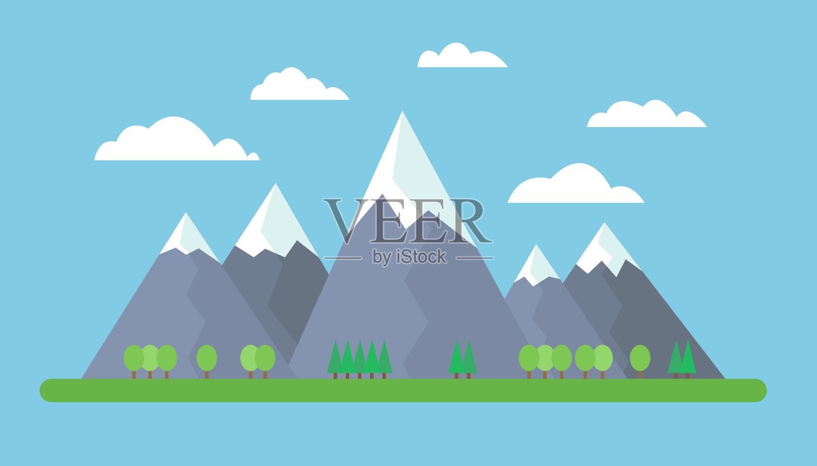 平面设计插图的山在草地上与树木前景下的蓝天与云-向量插画图片素材
