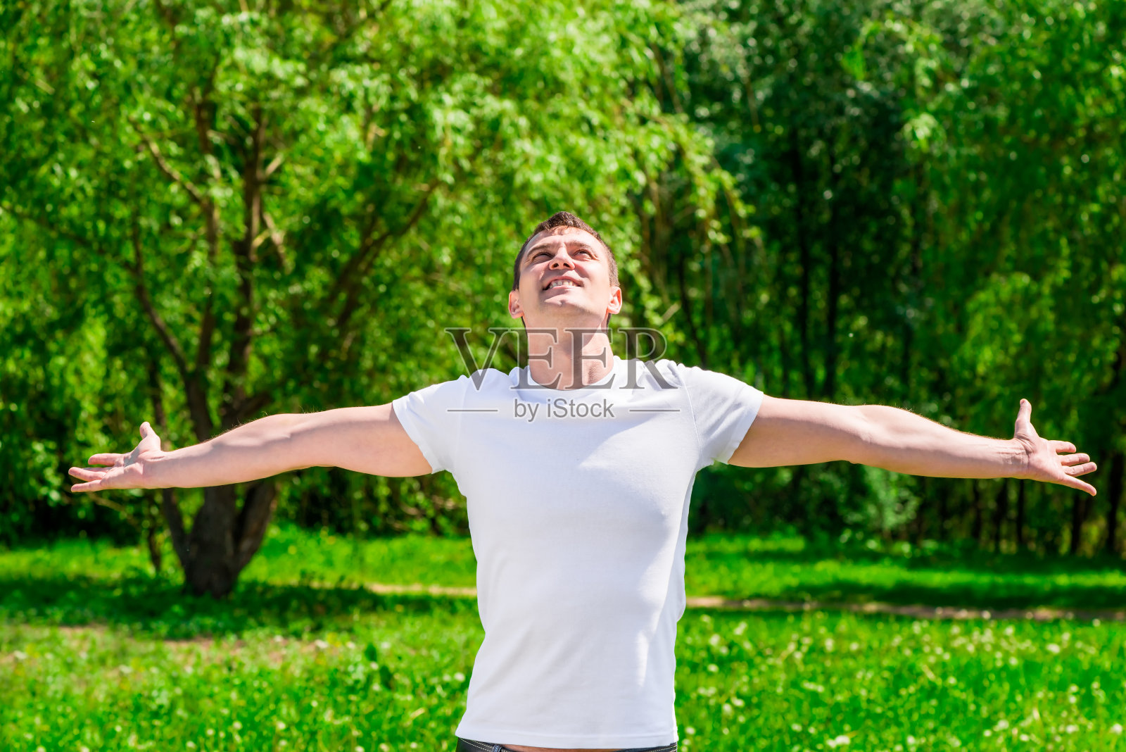 在夏日阳光明媚的公园里张开双臂的快乐男人照片摄影图片