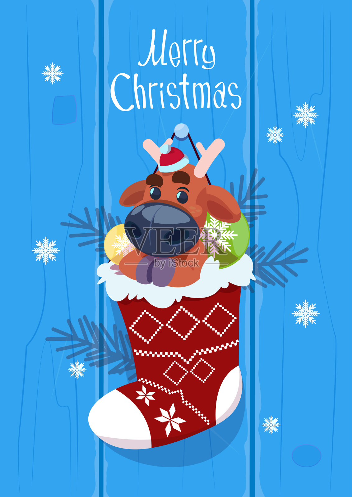 圣诞快乐和新年贺卡与鹿挂在现在袜子冬季假日横幅概念插画图片素材
