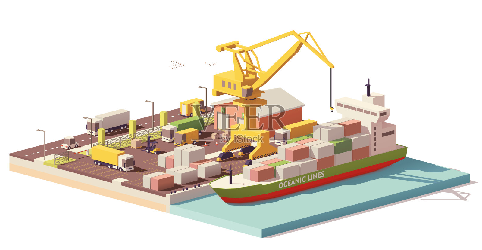 向量低聚港集装箱码头和船舶设计元素图片
