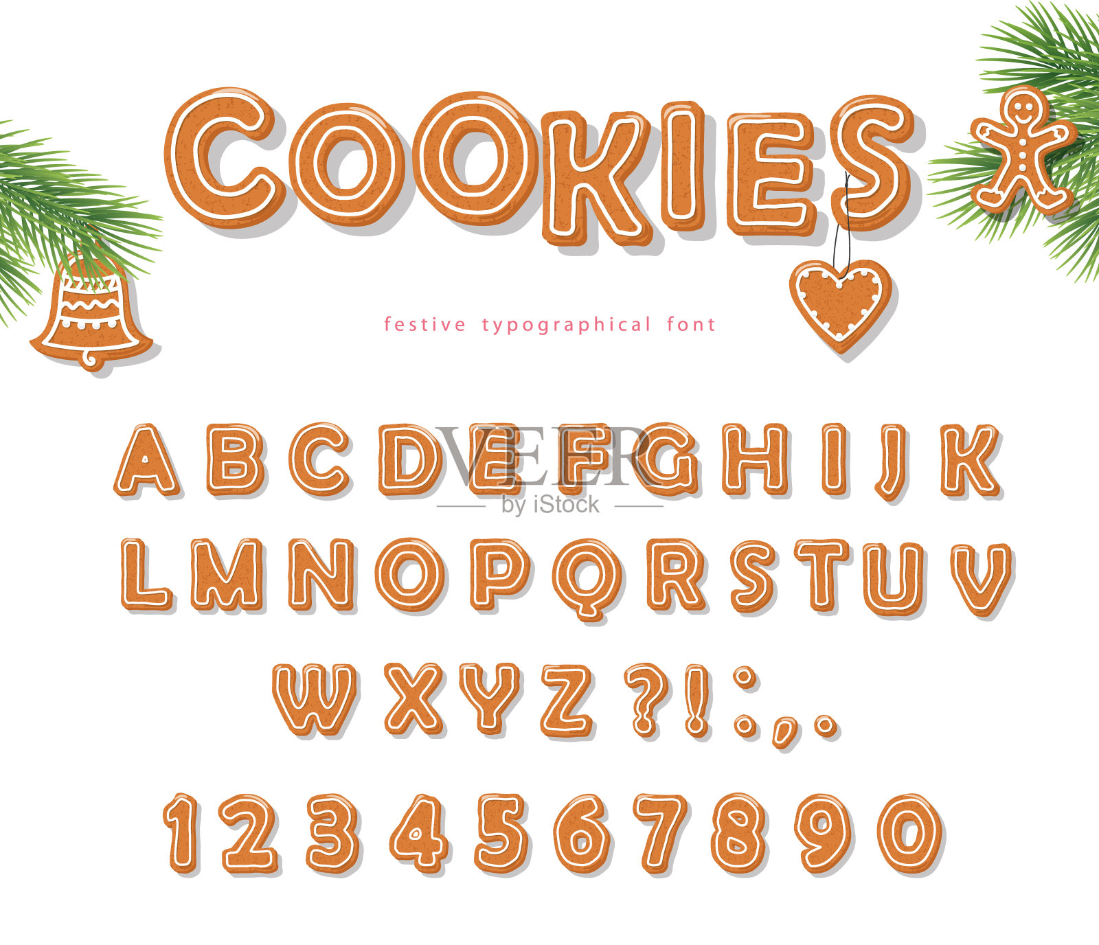 圣诞姜饼饼干字体。饼干字母和数字。向量EPS10设计元素图片