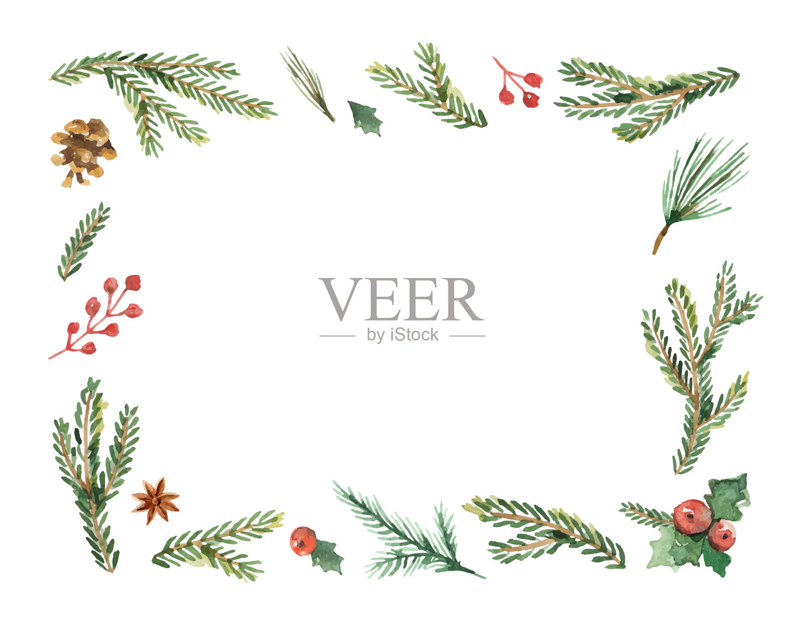水彩矢量圣诞框架与冷杉树枝和文字的地方。设计元素图片